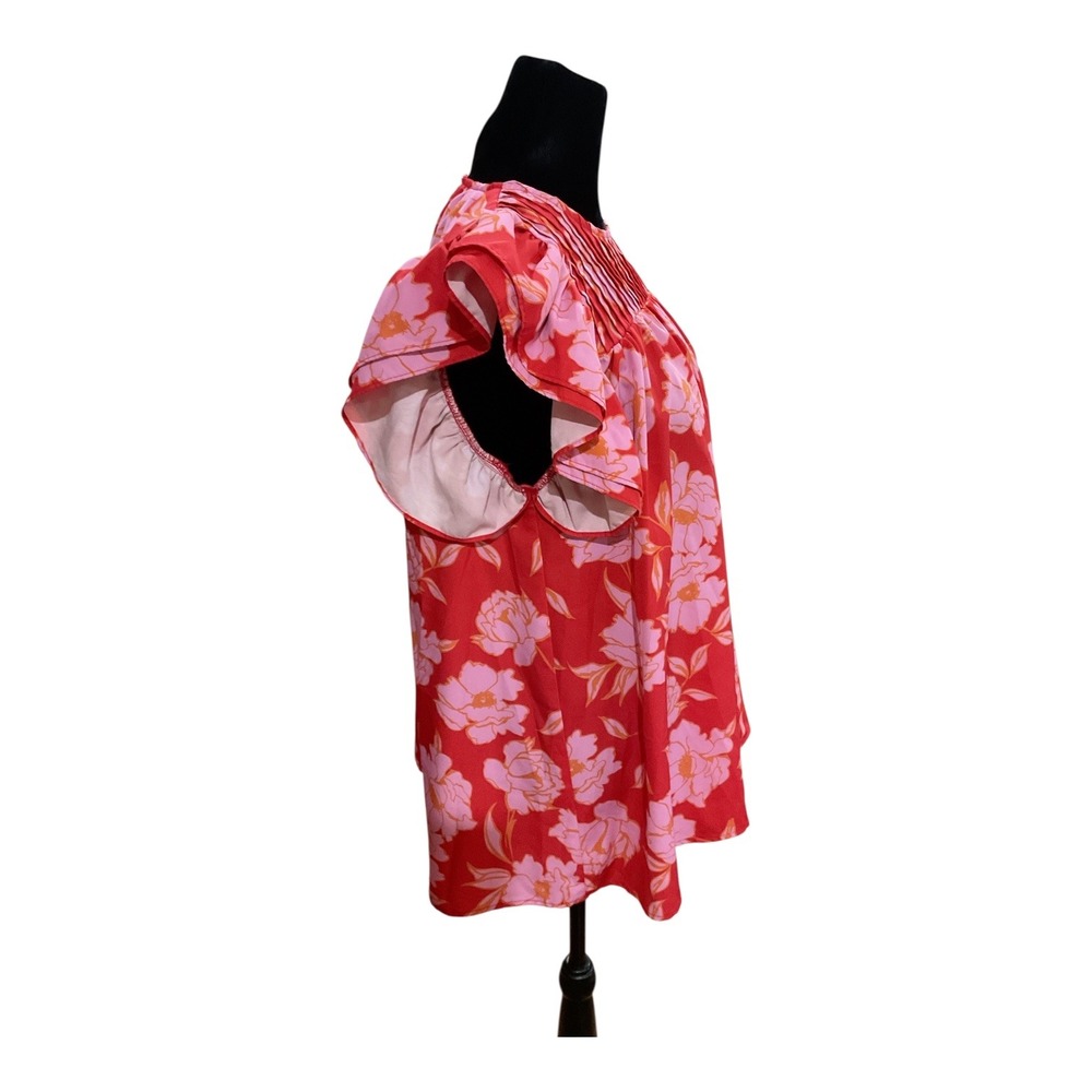 Shop The Mint Floral Babydoll Blouse Red Pink Flutter Sleeve Pleated Top Large - Picture 3 of 4